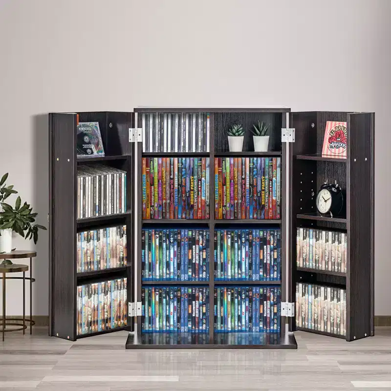 Media Storage Cabinet with Doors and Shelves, CD Storage Holds up to 576 CDs, Adjustable DVD Shelf, Brown