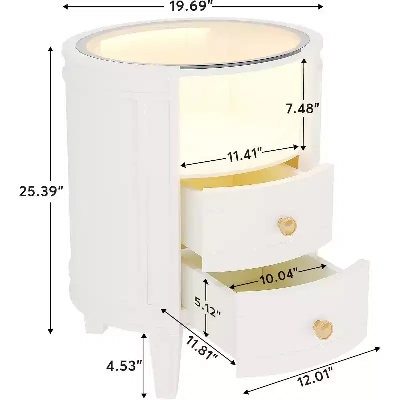 Lantine Set of 2 Modern Ivory White Nightstands with LED Glass Tabletop, 2 Drawers, No Assembly Required, Oval Bedroom Bedside Tables