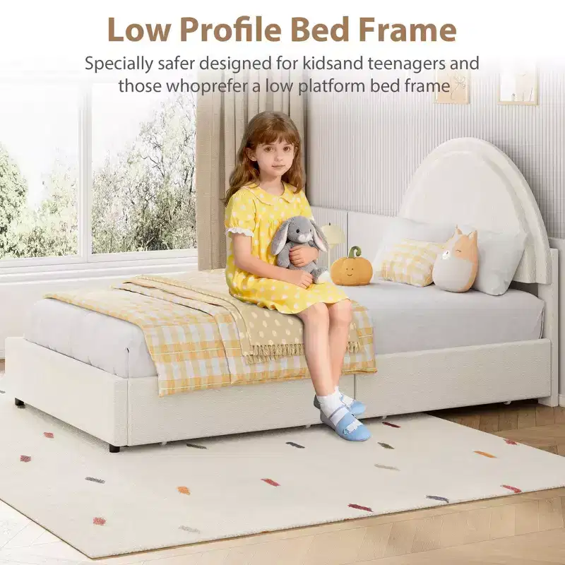 Bed Frame with Storage Drawers, Upholstered Boucle Platform Bed with Round Headboard, Heavy Duty & Noise Free, No Box Spring Needed