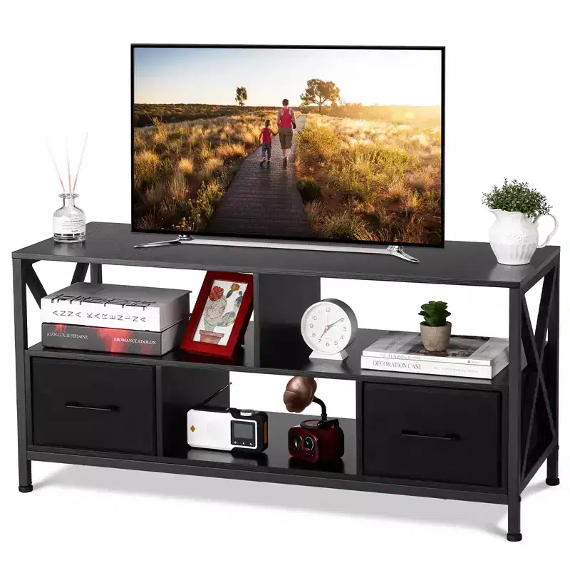 Entertainment stand for TVs up to 50 inches, TV cabinet with three-tier storage shelves, entertainment center TV stand for living rooms, metal frame
