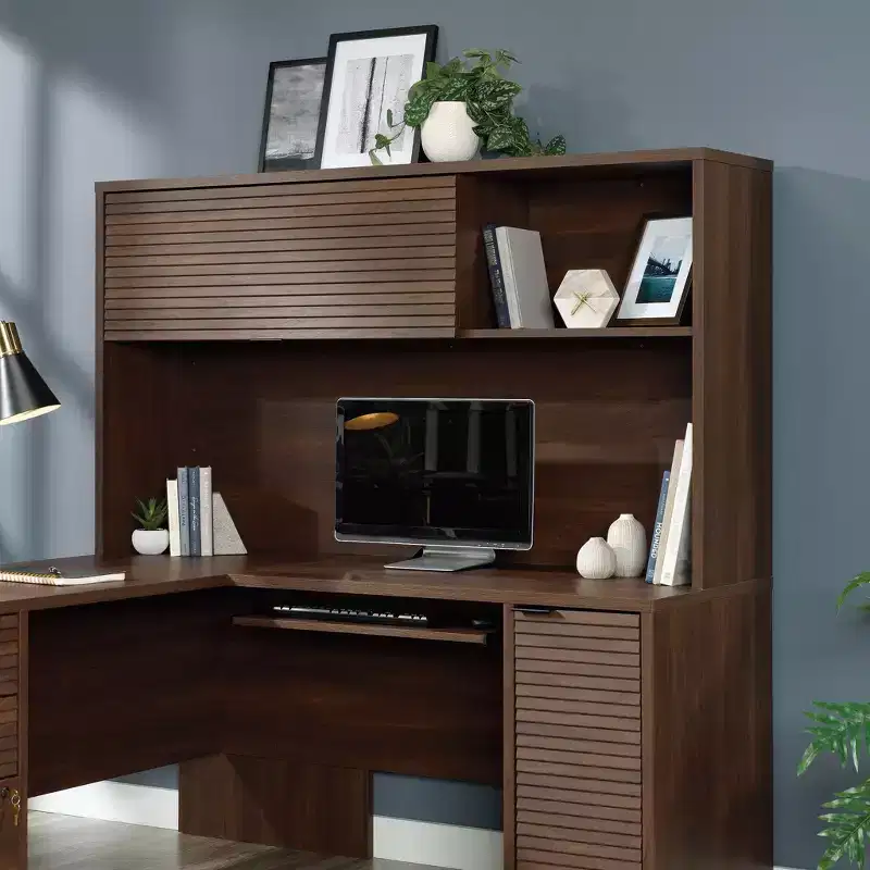 Englewood Hutch Spiced Mahogany - Sauder: Modern Office Hutch Top, MDF Construction, Assembly Required