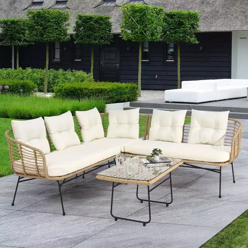 Outdoor Wicker Sofa Conversation Set - 4-Piece L-Shaped Sectional w/ Detachable Lounger & Glass Table, 500lb Capacity