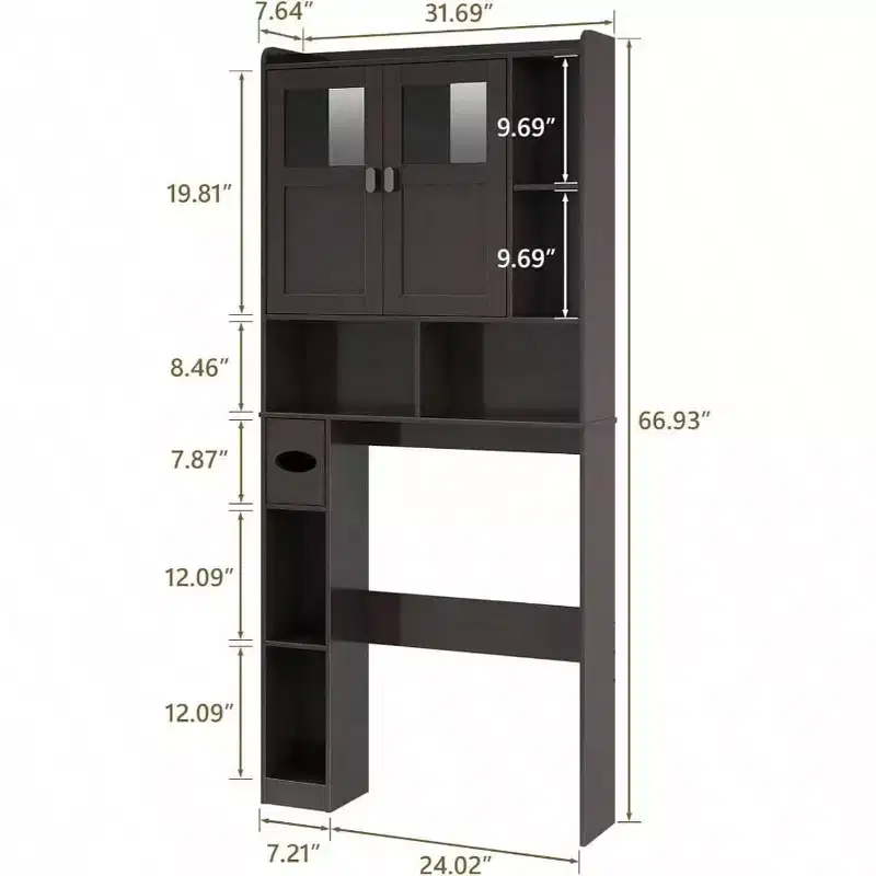 Over Toilet Storage Cabinet Bathroom Shelf with Glass Doors Adjustable Shelves Espresso Freestanding Space Save Toilet Rack