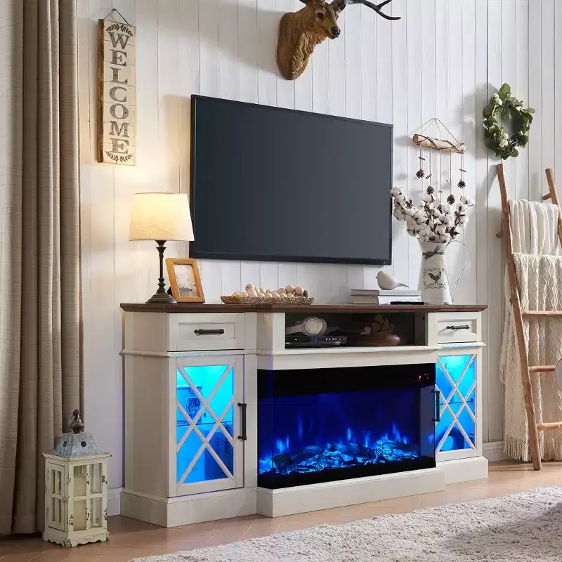 Fireplace TV Stand for TVs Up to 80'', Farmhouse Entertainment Center with 36 Electric Fireplace & Glass Door Storage Cabinet