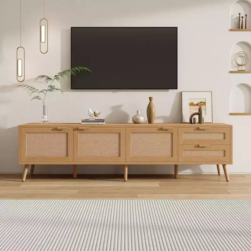 TV Stand for Up to 80 TVs, Rattan Door Media Console Entertainment Center with 2 Drawers, Cable Holes & Solid Wood Legs, Natural