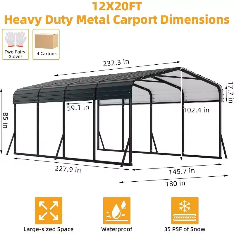LinTimes 12x20 FT Carport with Heavy Steel Frame and Alloy Iron Roof, Wind Resistant Outdoor Shelter for Vehicle, Truck and Equipment Cover, Gray
