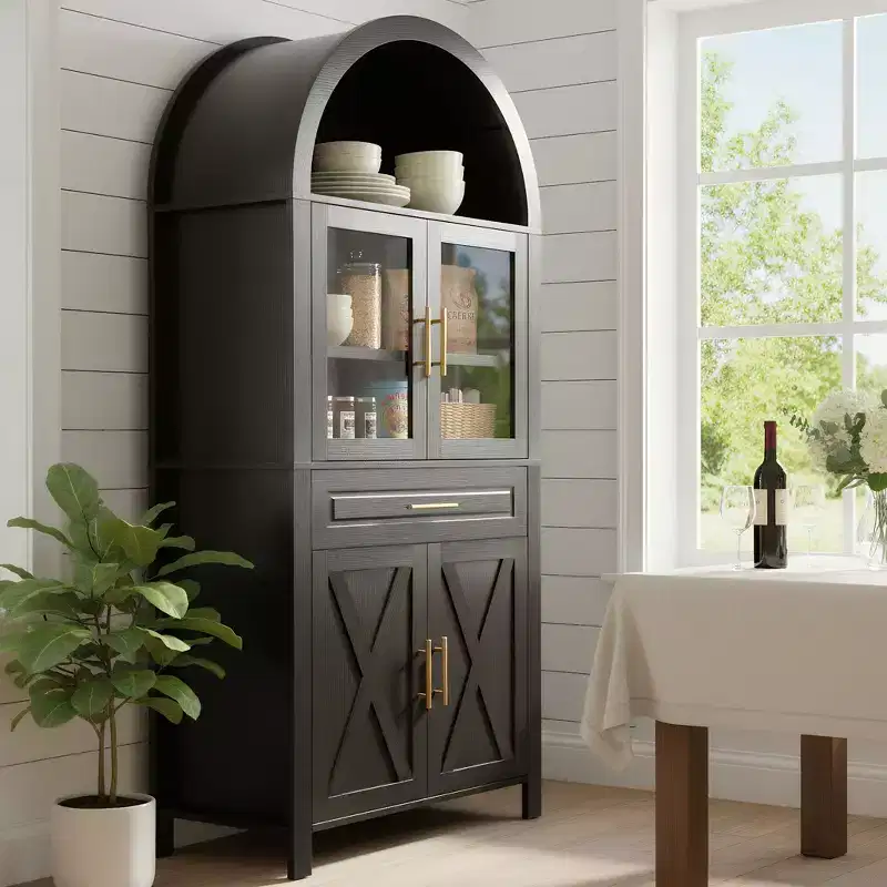 Tall Arched Storage Pantry Cabinet with Glass Doors & Adjustable Shelves,Display Sideboard Accent Cabinet for Dining Room,Kitchen