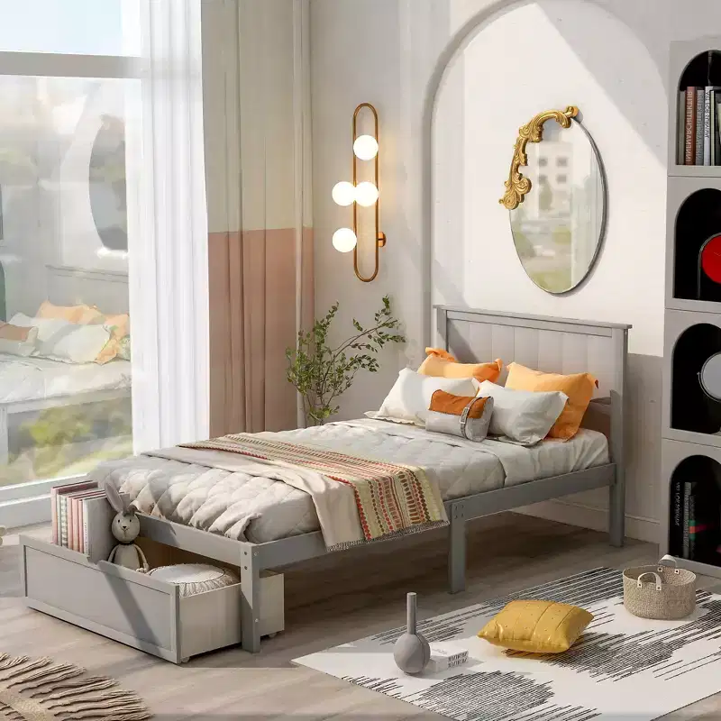 Wood Twin Size Platform Bed with Under-bed Drawer