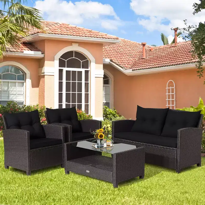 Costway 4 PCS Patio Rattan Furniture Set Glass Table Shelf Sofa Cushion