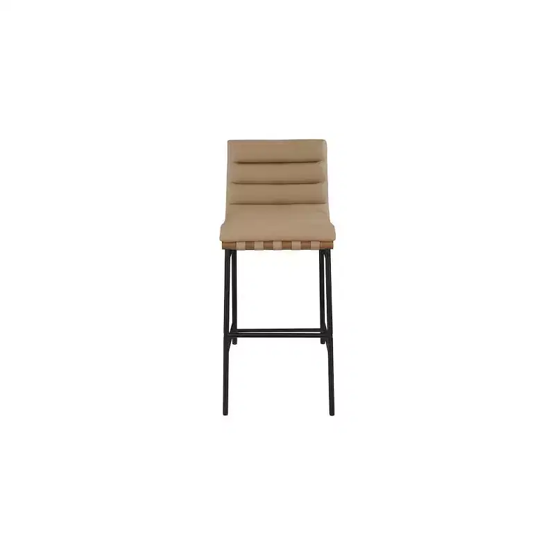 Tan Vegan Leather Bar Stool, Matte Black Metal Frame, Walnut Wood Dowel, Bar Height