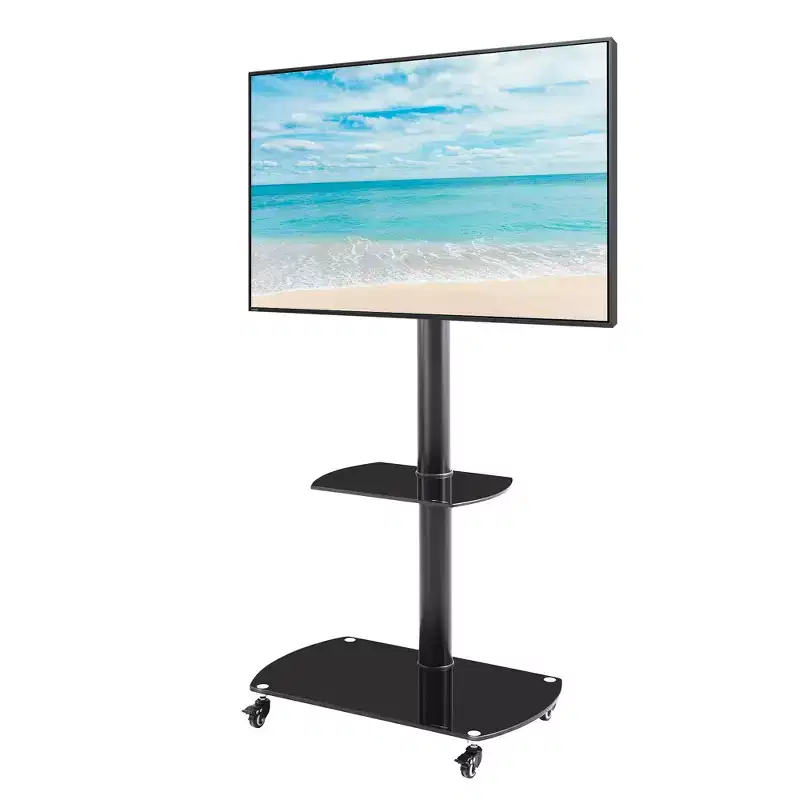 Height & Angle Adjustable TV Stand with Lockable Wheels & Glass Shelves, Mobile LCD/Plasma TV Bracket for TVs from 32 to 65, Black - ModernLuxe