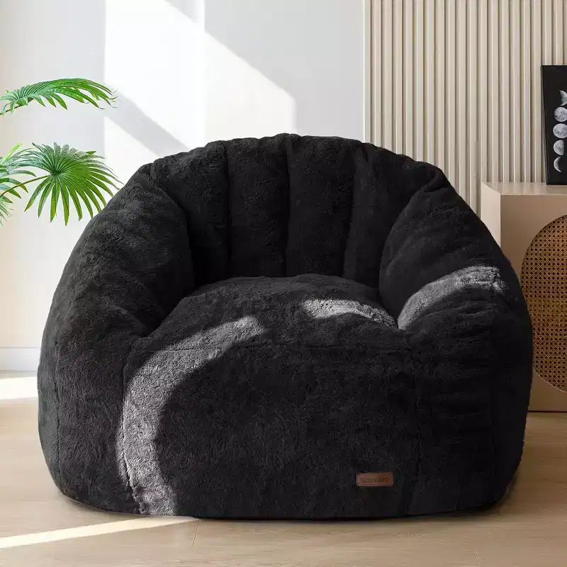 Giant Shell-Shaped Bean Bag Chair, Oversized Faux Fur Couch for Adults & Kids with Filler, Beige