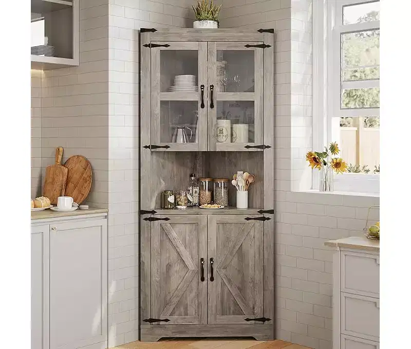 Wood Tall Corner Storage Cabinet with Barn Door and Adjustable Shelves