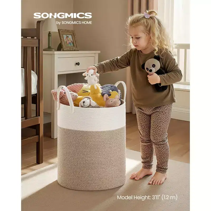 Cotton Rope Laundry Basket, 15.8 Gal Natural Fiber Hamper with Handles, for Kids' Toys Clothing Bedroom Living Room