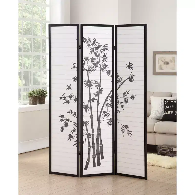 3 Panel Privacy Room Divider Bamboo Parttern Wood Paper Black 54x71