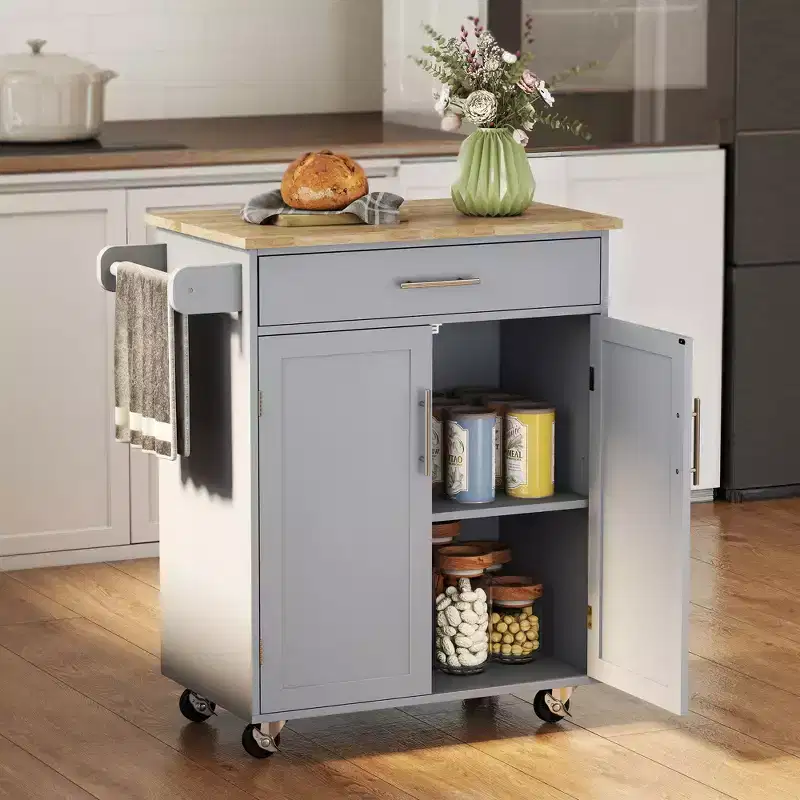Kitchen Island Cart Rolling Trolley Cart with Drawer, Storage Cabinet & Towel Rack