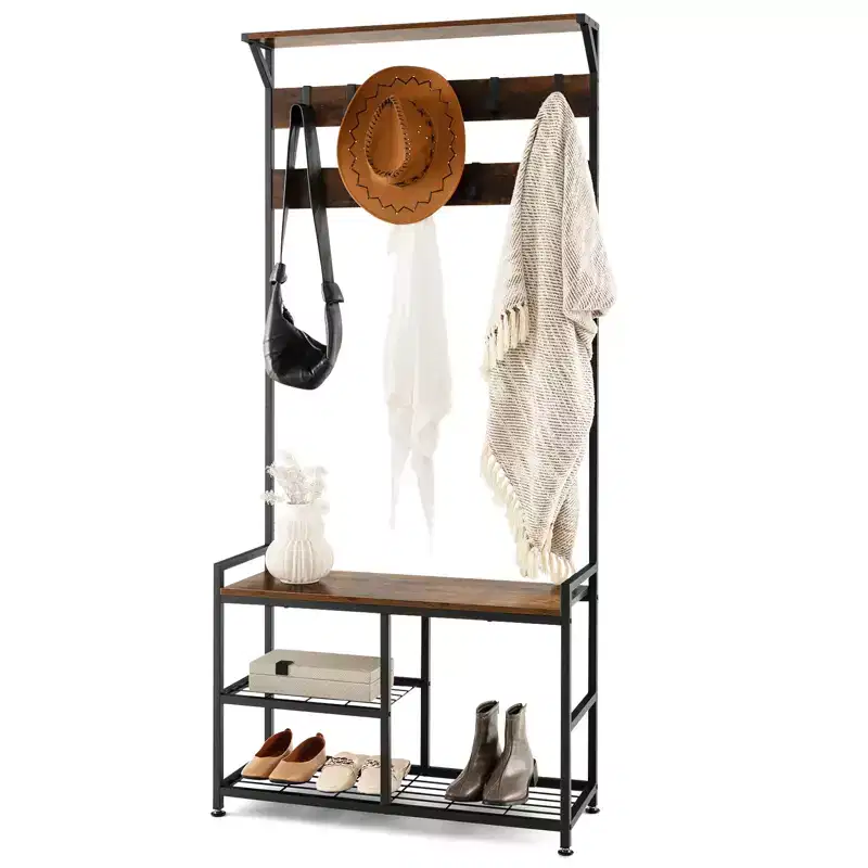 Coat Rack Industrial Hall Tree Shoe Bench Entryway Storage Shelf with Hooks