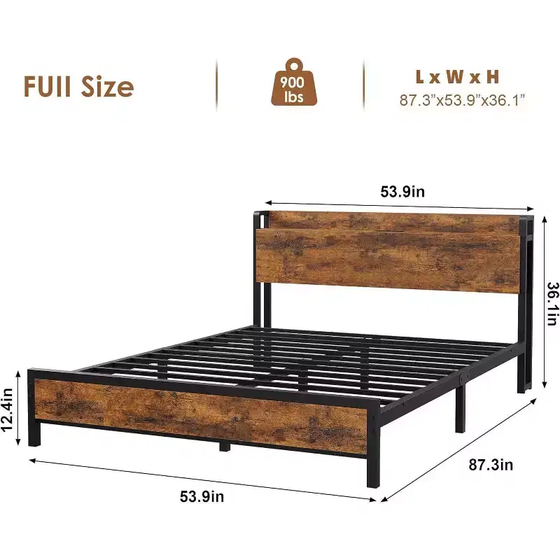 Acekool King Size Platform Bed Frame with Storage, USB Charging Station, Industrial Metal Frame, Wood Headboard, No Box Spring Needed