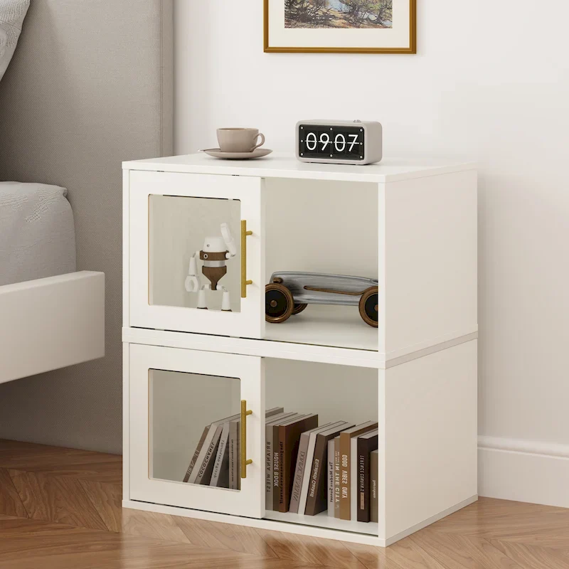 Stackable 24-Cube Storage Organizer with Sliding Door, White Wood Open Bookcase