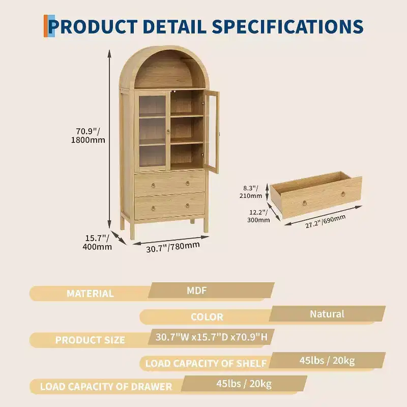 71 Arched Pantry Cabinet, Farmhouse Display with Glass Doors & 2 Drawers, Adjustable Shelves for Kitchen, Dining Room, Bathroom