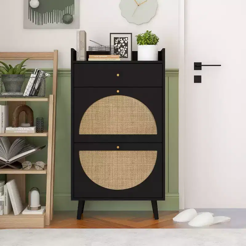 Modern Shoe Cabinet with Rattan Detailing, MDF Frame, Pine Wood Legs, and 1 Drawer+2 Flip Drawers, Multi-Shelf Storage Unit