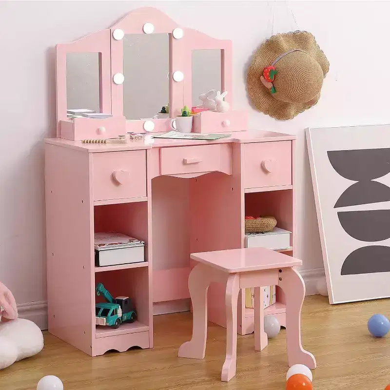 Girls Vanity Set with Tri-Fold Mirror, 2-in-1 Wooden Dressing Table and Stool, Princess Pretend Play Makeup Desk with Drawer for Little Girls