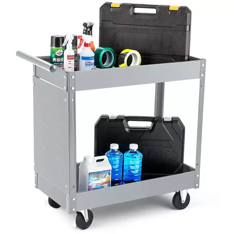 2-Tier Metal Utility Cart, Heavy Duty Steel, 330 lbs, Rolling Tool Organizer w/ Locking Wheels for Garage, Workshop, Warehouse, Black