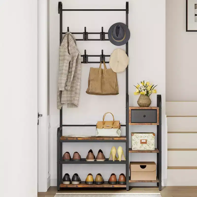 Hall Tree Shoe Bench, 8 Sturdy Hooks, 5-in-1 Industrial Entryway Bench with Storage Drawer, Coat Rack for Apartment, Bedroom, Rustic Brown