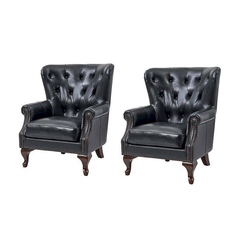 Gerhard Genuine Leather Armchair with Nailhead Trims and Removable Cushion Set of 2 by HULALA HOME