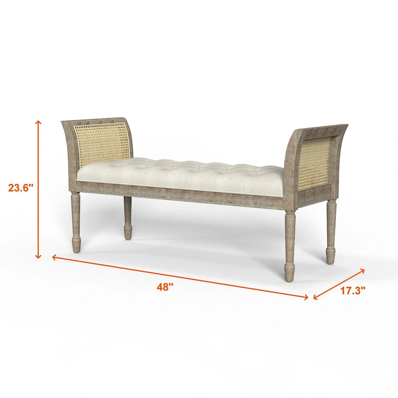Dilwen Wooden Tufted Upholstered Bench with High Flared Rattan Arms