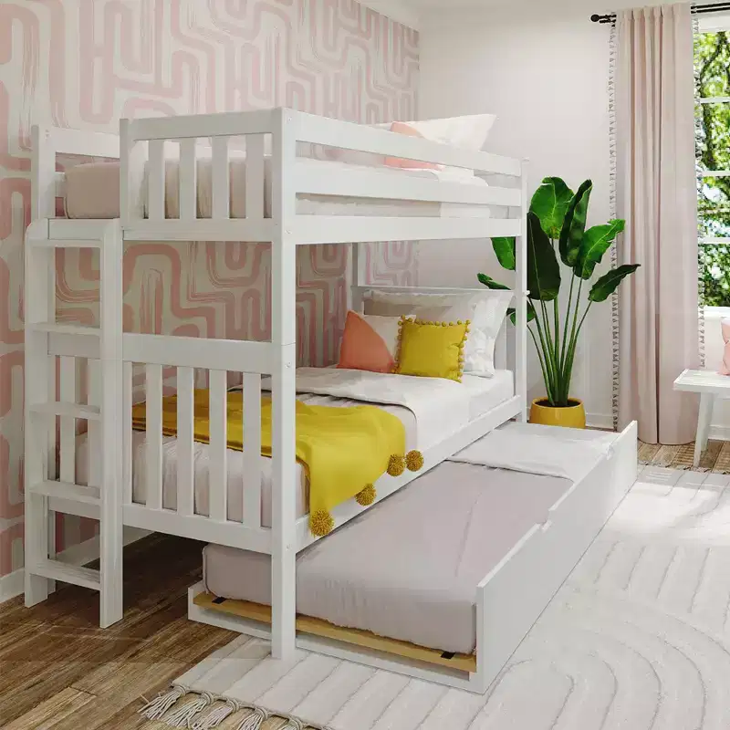 Bunk Bed with Ladder on End and Trundle, Twin-Over-Twin Bed Frame for Kids