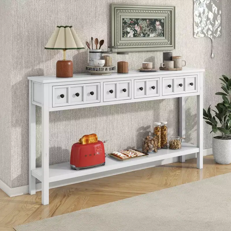 Rustic Console Table with 4 Drawers & Bottom Shelf – Antique White / Blue / Espresso / Navy, 1-Person