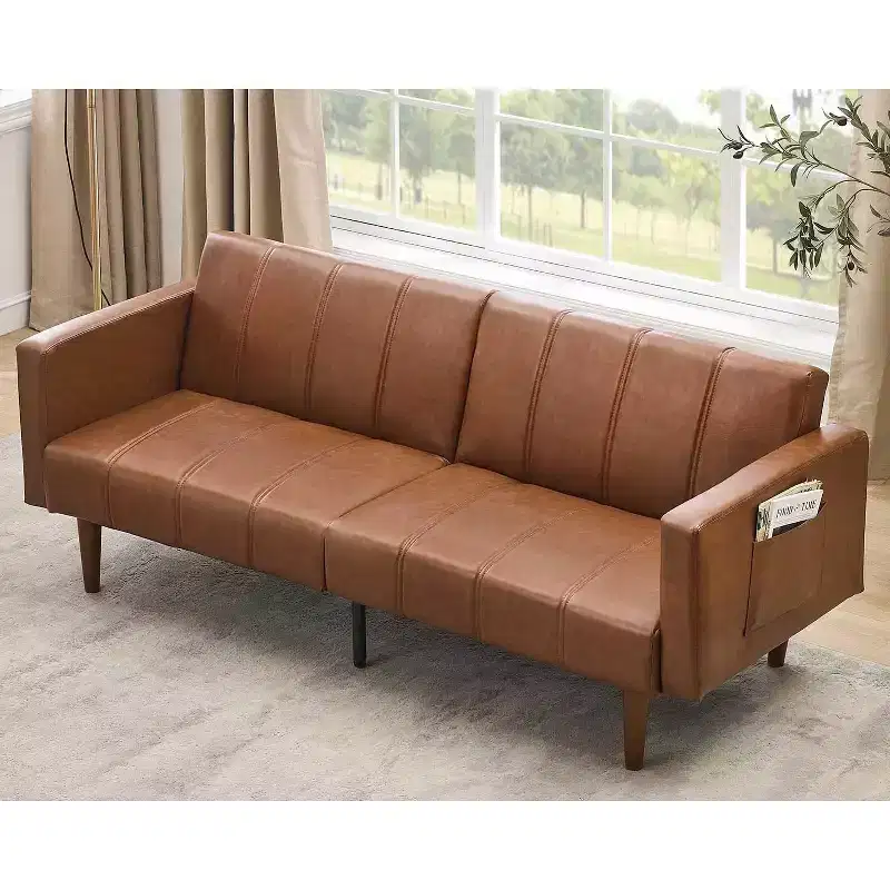 75 inch Futon Sofa Bed, Mid-Century Modern Futon Couch, Convertible Sleeper Sofa with Adjustable Backrest,Loveseat with Side Pockets, PU Leather Sofa