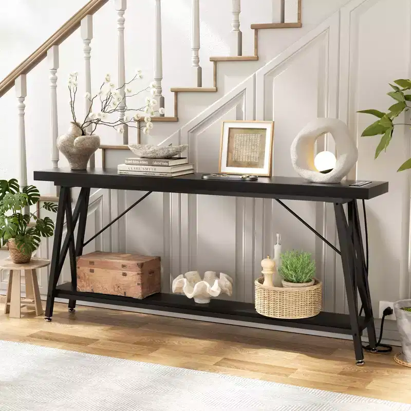 71'' Console Table with Charging Station, Industrial Metal Frame Sofa Table with Storage Shelf