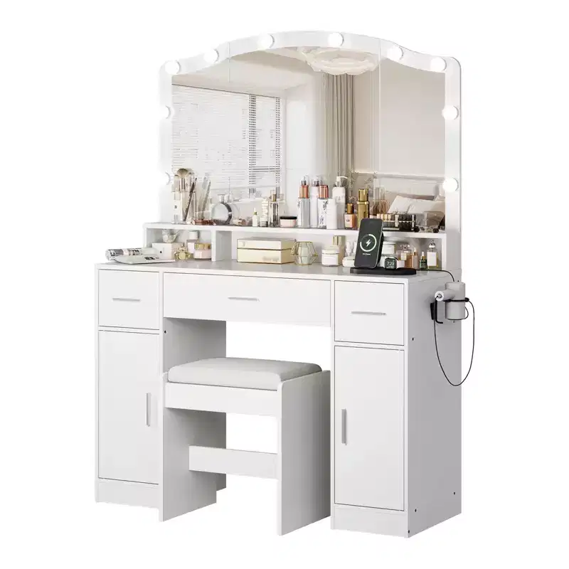 GustoWave Vanity Desk with Mirror and Lights, Vanity with 10 LED Lights, Features 3 Drawers, Storage Stool, Power Outlet, Dressing Table