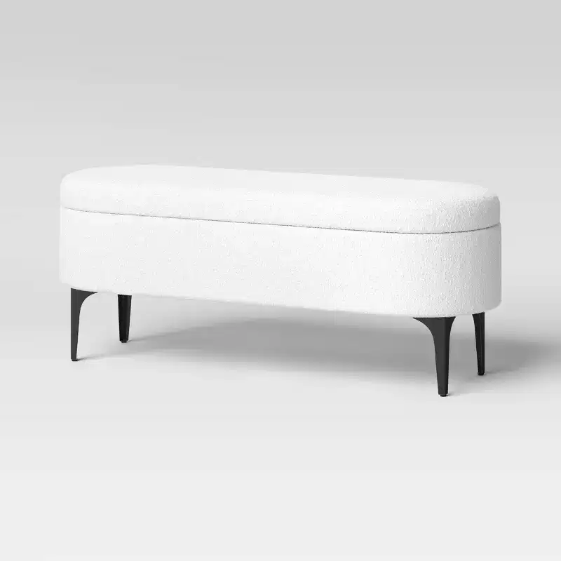 Cream Boucle Storage Bench with Metal Legs, Oval Armless Design