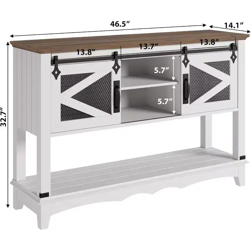 Farmhouse Entryway Table with Storage, White Console Table with Sliding Barn Doors, Wooden Sofa Table with Cabinet for Entryway & Living Room