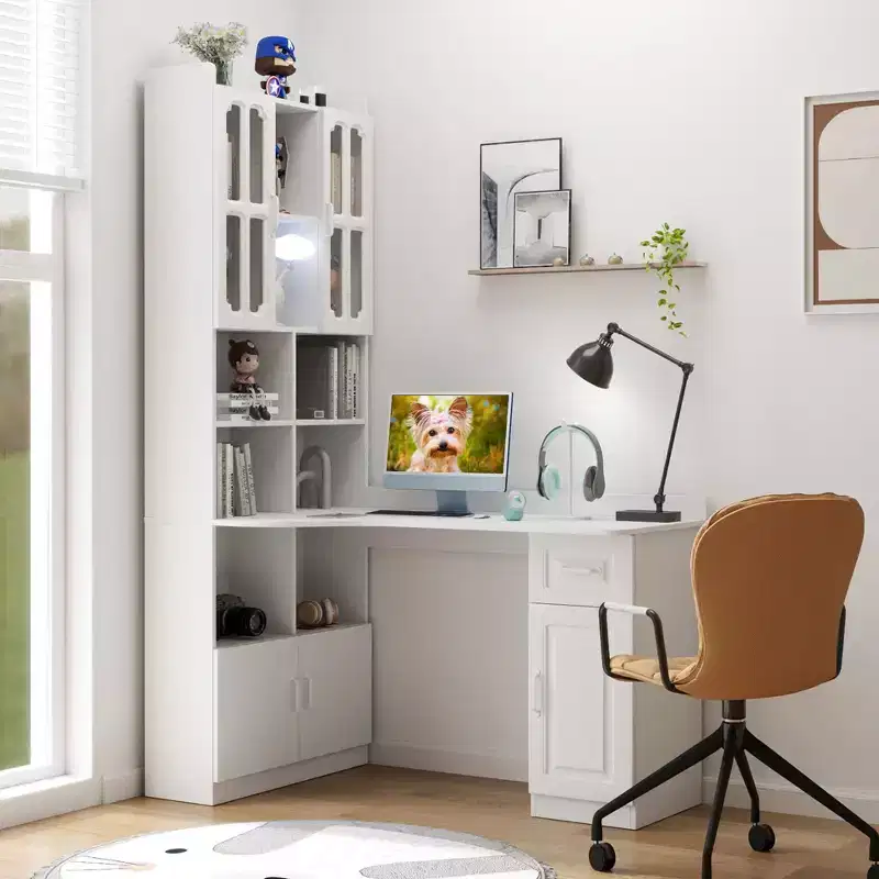 L-Shaped Corner Desk with Hutch, Bookshelf, 4 Cabinets & 1 Drawer, 2-in-1 Home Office Study Desk – 55.1