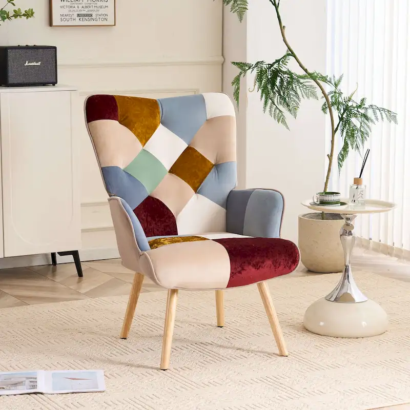 Upholstered Wingback Accent Chair with Rubberwood Legs & Levelers