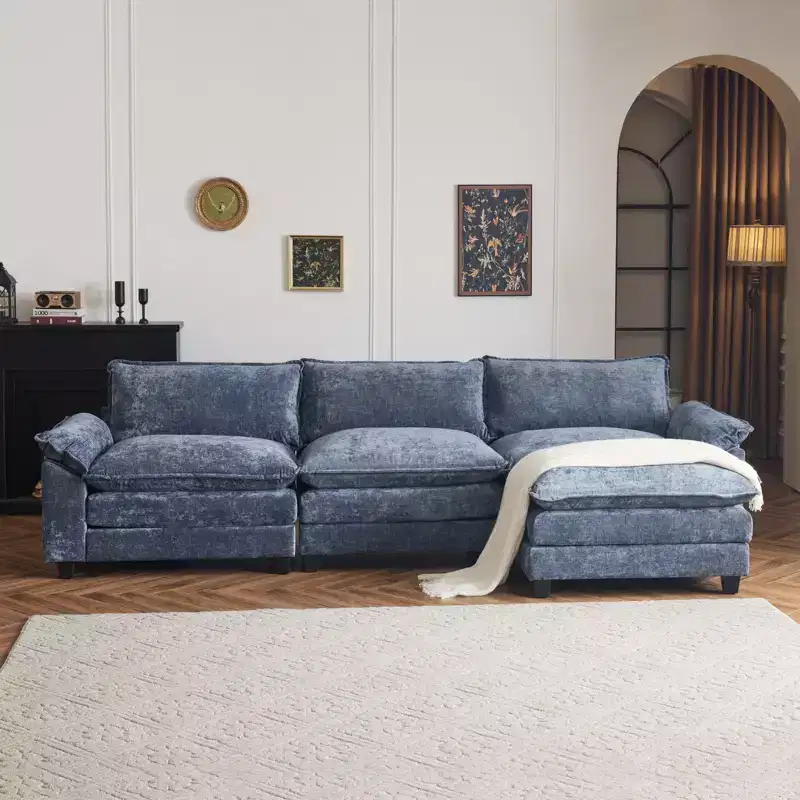 Karl Home |120 in. W Pillow Top Arm Double-layer Cushion Chenille Sofa in Blue With Ottoman