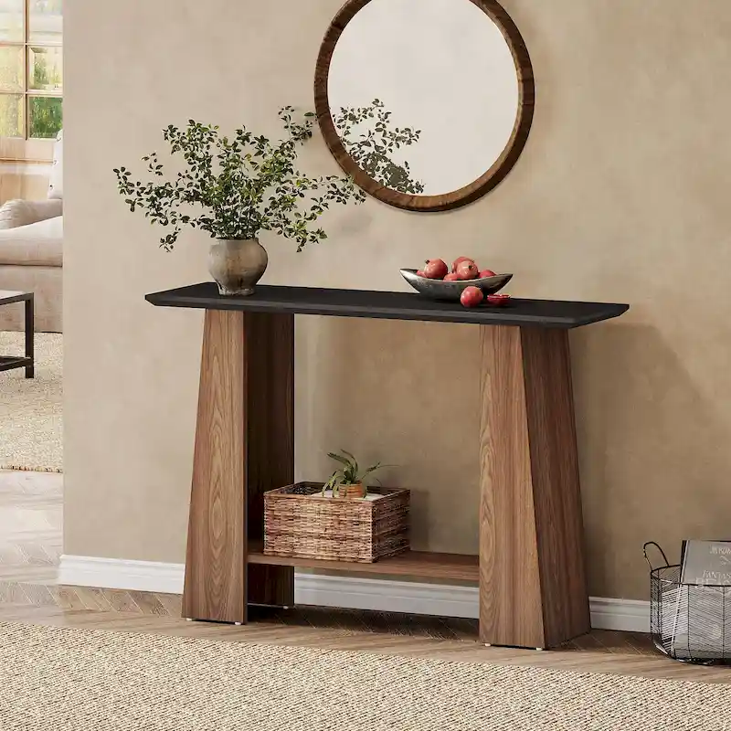 Black & Walnut Console Table with Storage Shelf, 1-Person Assembly, 47