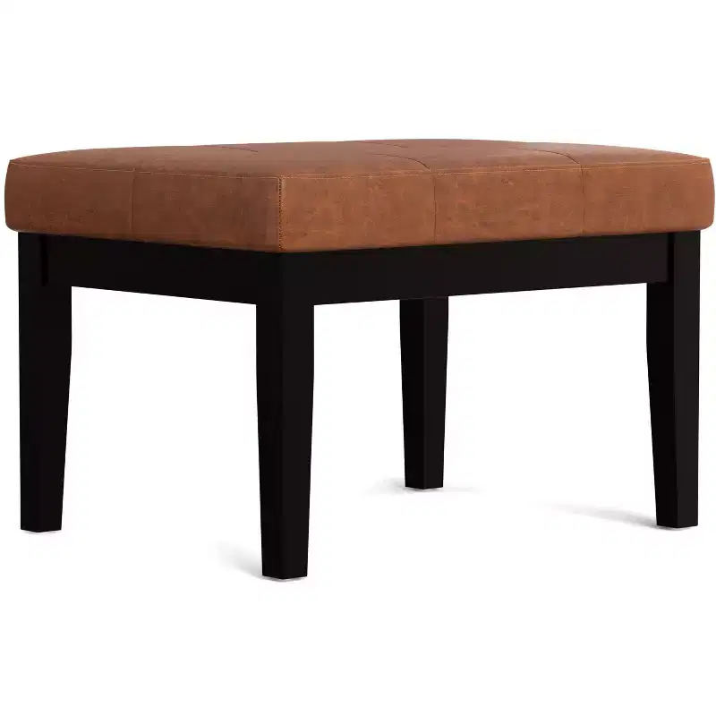 26 inch WideContemporary Rectangle Ottoman Bench in Distressed Saddle Brown Vegan Faux Leather