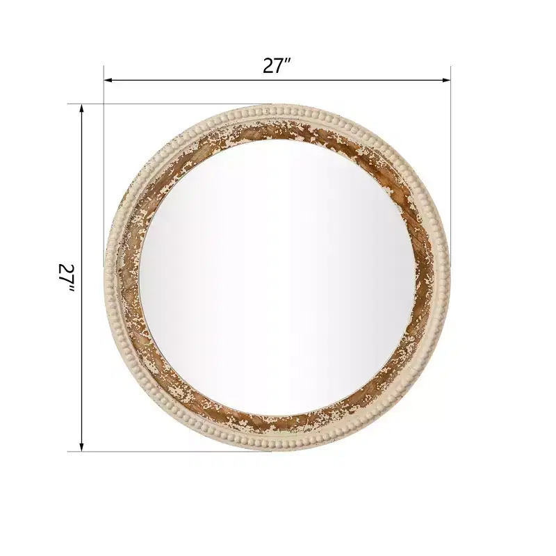 Round Boho Wood Wall Mirror with Bead Frame, 27 Inch Farmhouse Hanging Mirror