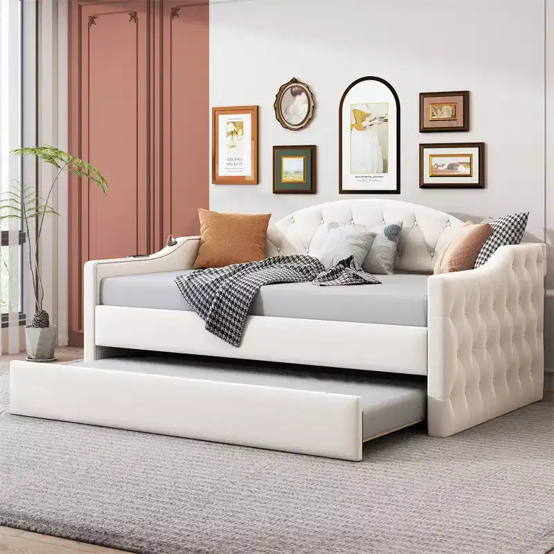 Twin Size Tufted Upholstered Daybed with Trundle, USB, Type-c Charging Ports, Wooden Bed Frame, No Box Spring Needed, Velvet Upholstered