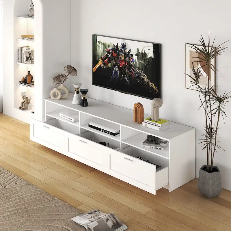 70-Inch TV Stand with Open Shelves and Drawers — White