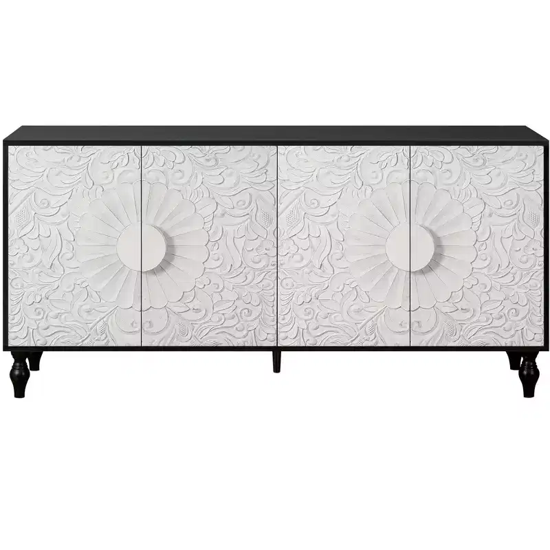 HomeRoots 68 Black and White Distressed Carved Floral Sideboard with Four Doors