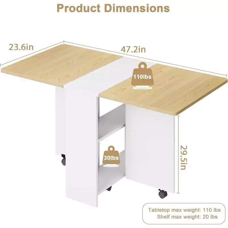 Folding Dining Table, Drop Leaf Dining Table with 6 Wheels and 2-Layer Storage Shelf, Space Saving Dining Table for Small Spaces