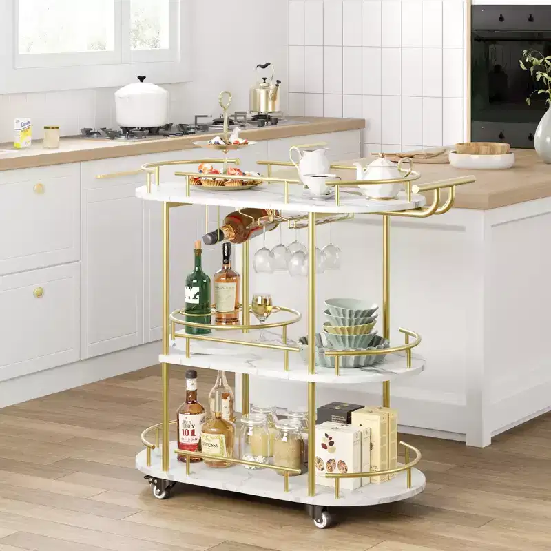 3-Tier Gold Bar Cart with Rotating Wine Rack, Glass Holder & Wheels