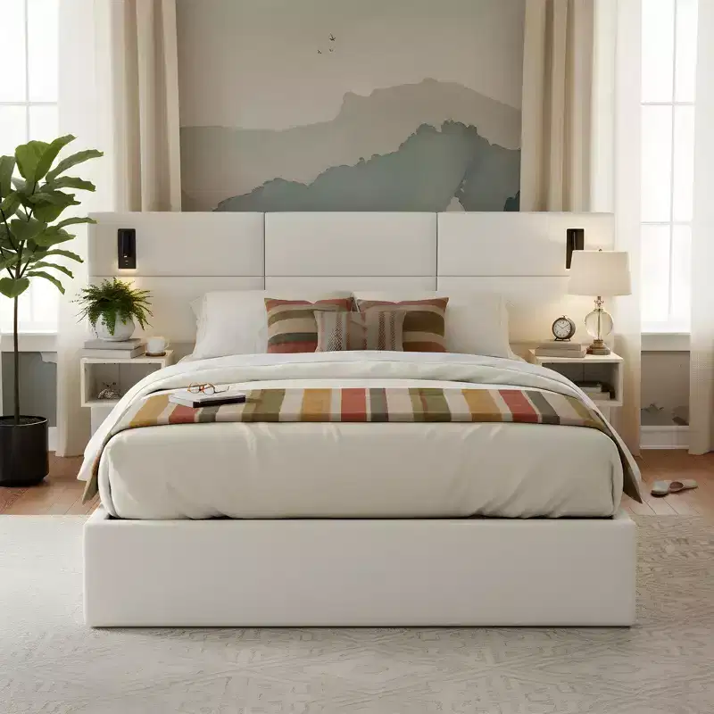 Lili Wooden Chenille Upholstered Platform Bed with Headboard and Reading Lamp