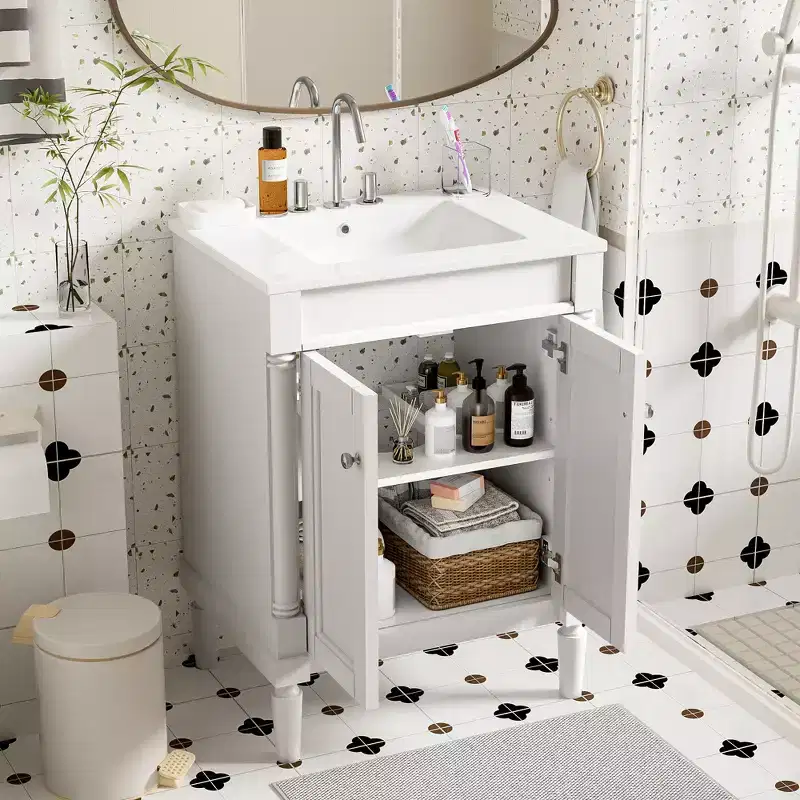 24-inch Single-Basin Vanity Cabinet with Sink, Double-Tier Modern Bathroom Storage Cabinet, Large-Capacity Storage Shelf, White